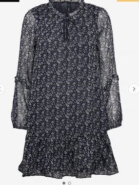 Mango Navy Blue Floral Long Sleeve Ruffled Dress